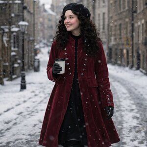 Newport News Women 18 Red Velvet Military Coat Vintage Steampunk Goth Romantic